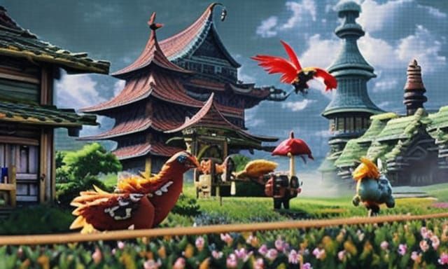 Chocobo Farm in Utopian Landscape Illustration