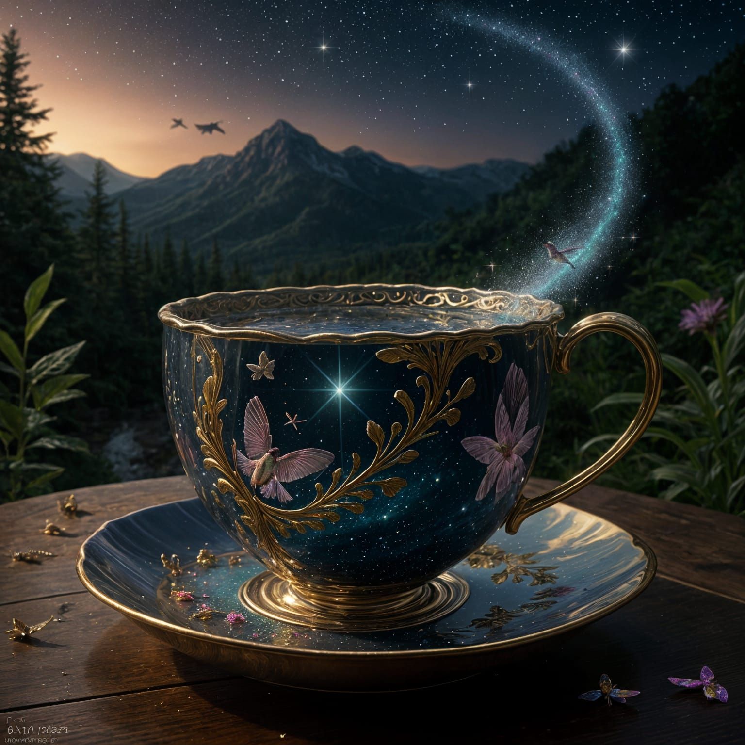 Hummingbird of Stardust Flies into Giant Teacup