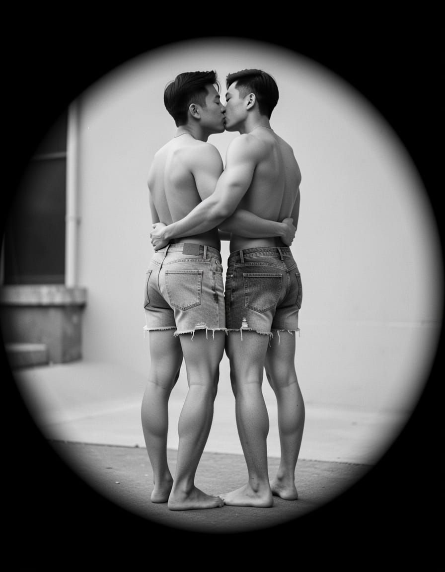 Young Couple Embracing in Photorealistic Black and White