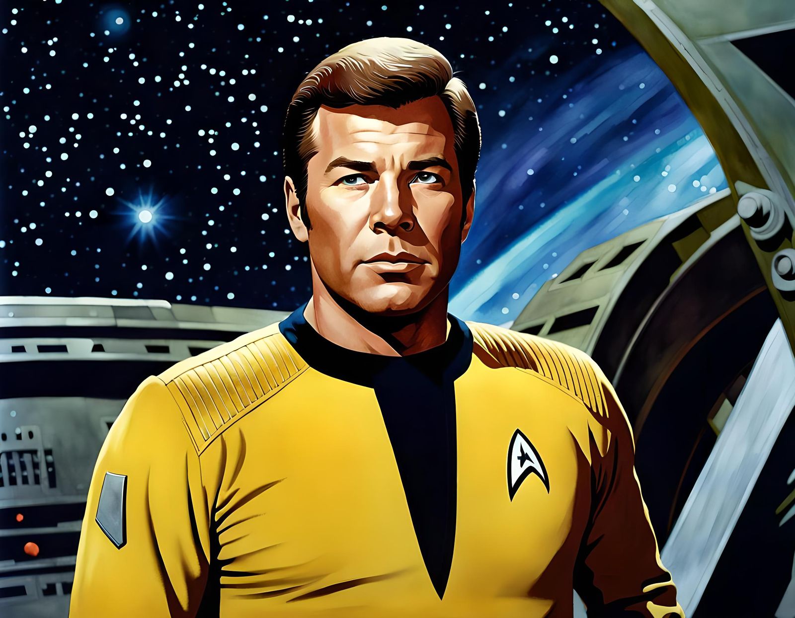 Captain Kirk Watercolor Portrait on Starship Enterprise Brid...
