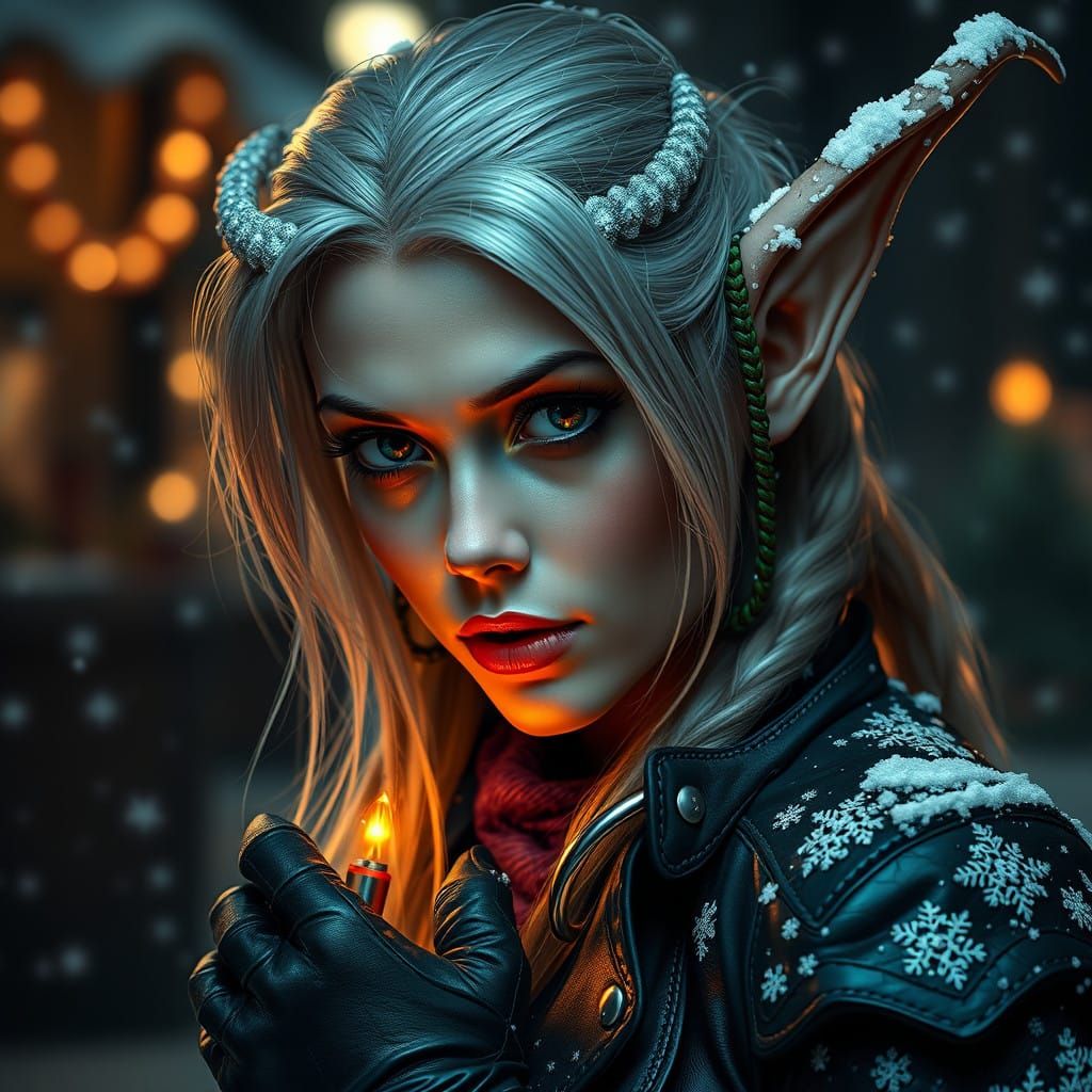 Hyperrealistic Elf Biker in Snowy Christmas Night