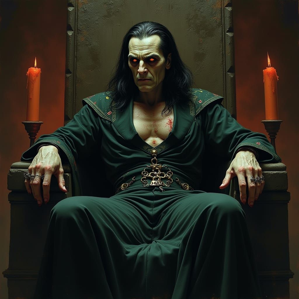 Regal Vampire on Throne in Gothic Chamber