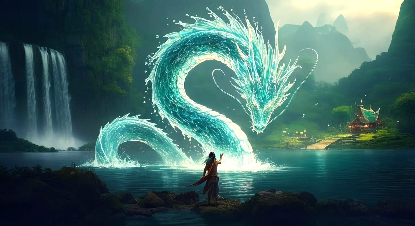 Water Dragon Emerges from Magical Lake