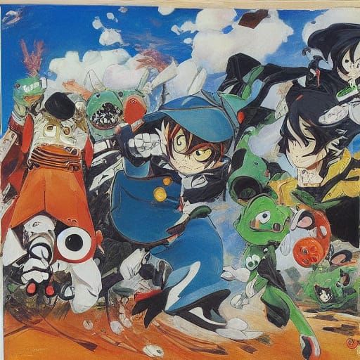 Anime Mice vs Frogs Battle in Surrealist Style