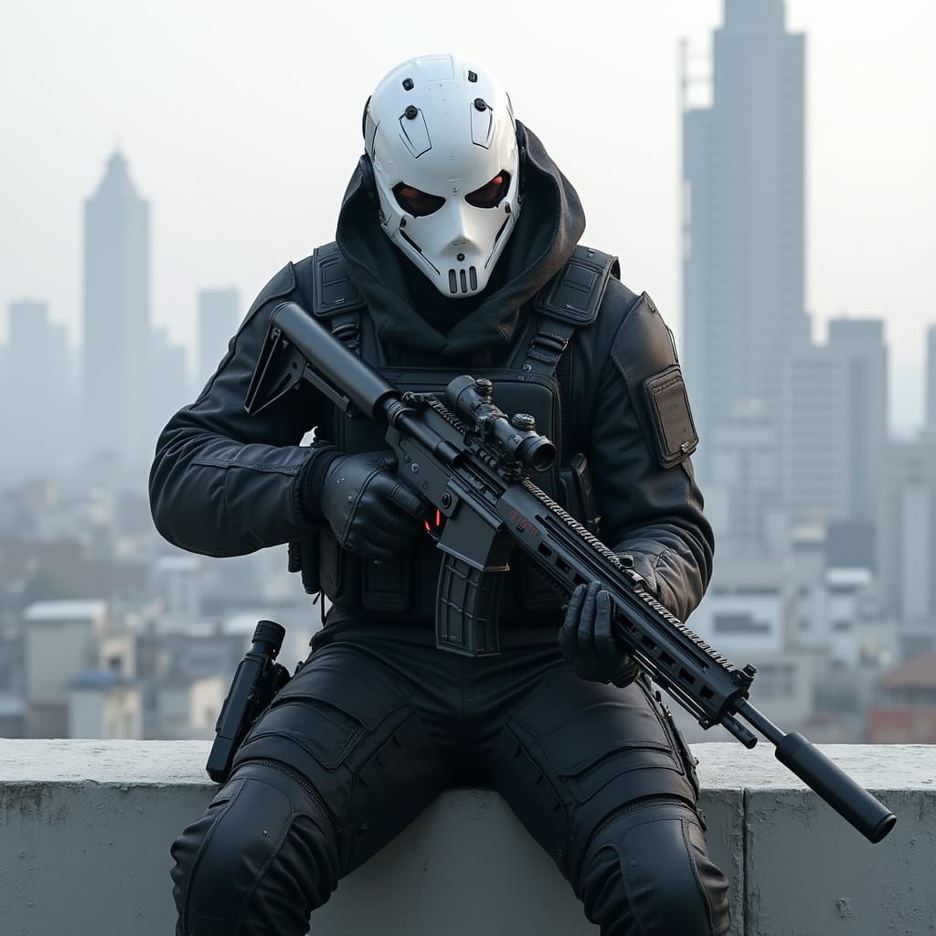 Sci-Fi Soldier on Wall Overlooking Futuristic City