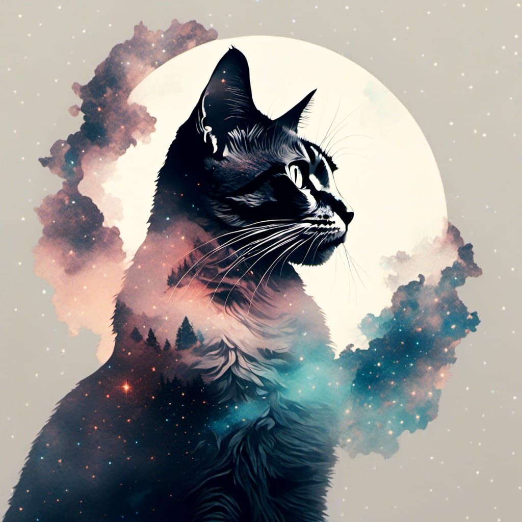 Nebula Cat Silhouette in Double Exposure