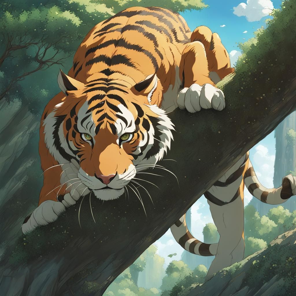 Surreal Tiger Attacks in a Ghibli-Inspired Landscape
