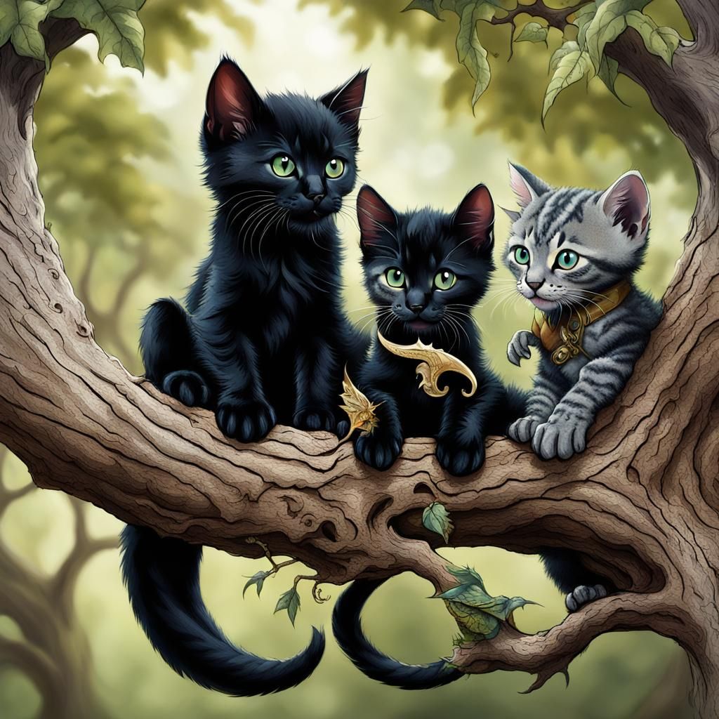 Black Kittens Play With Baby Dragon