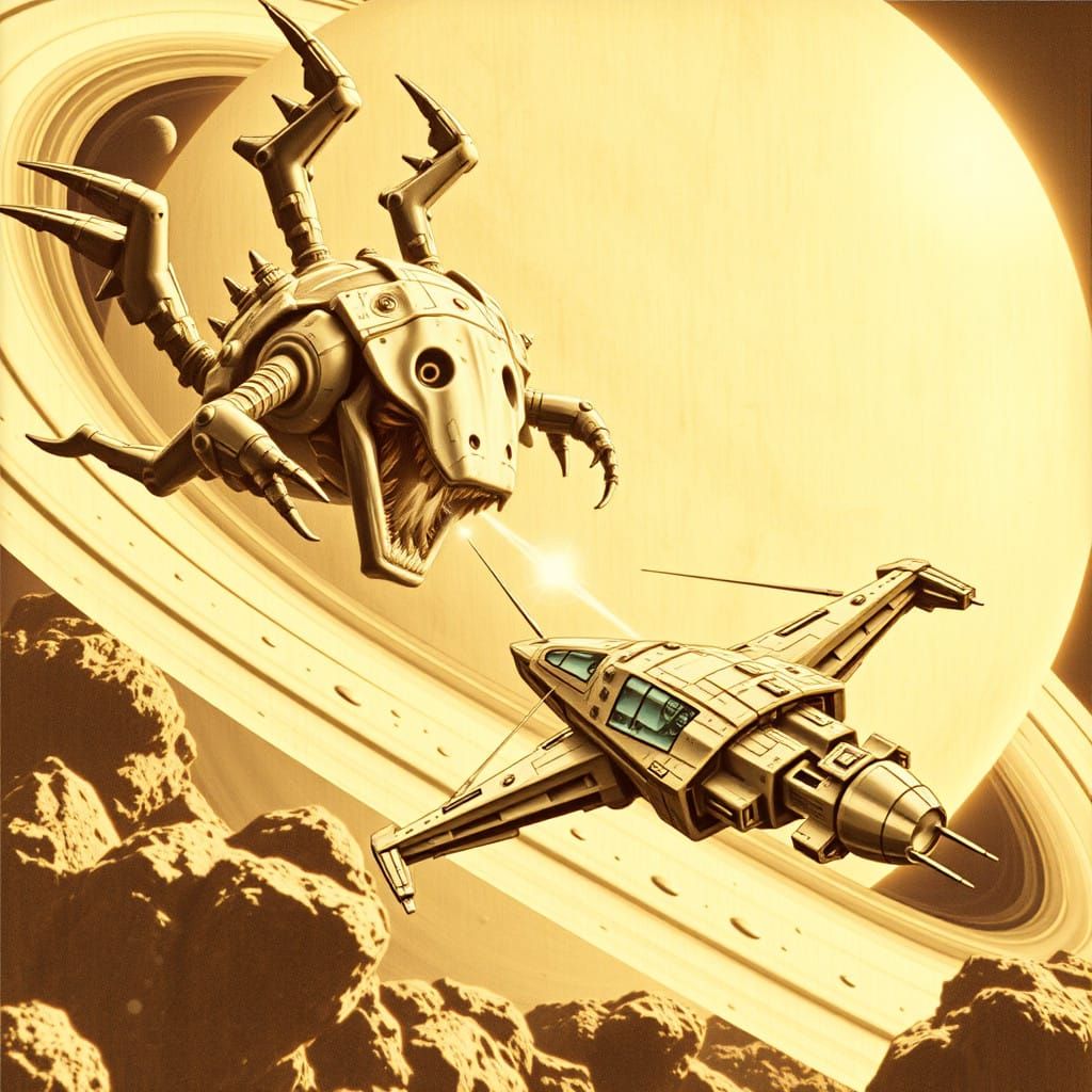 Giant Robots Engage Spaceships in Epic Battle near Saturn