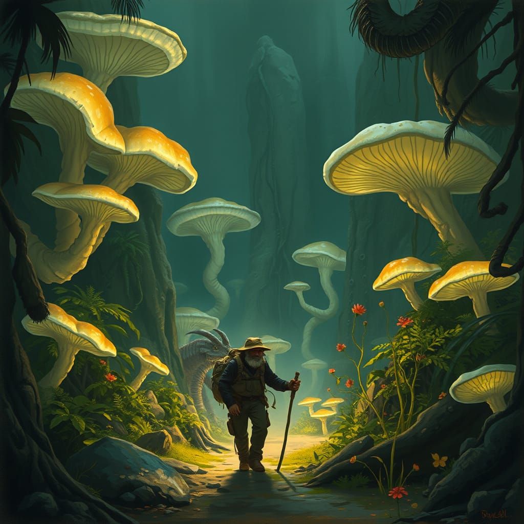 Explorer in Alien Jungle with Giant Fungi and Creatures