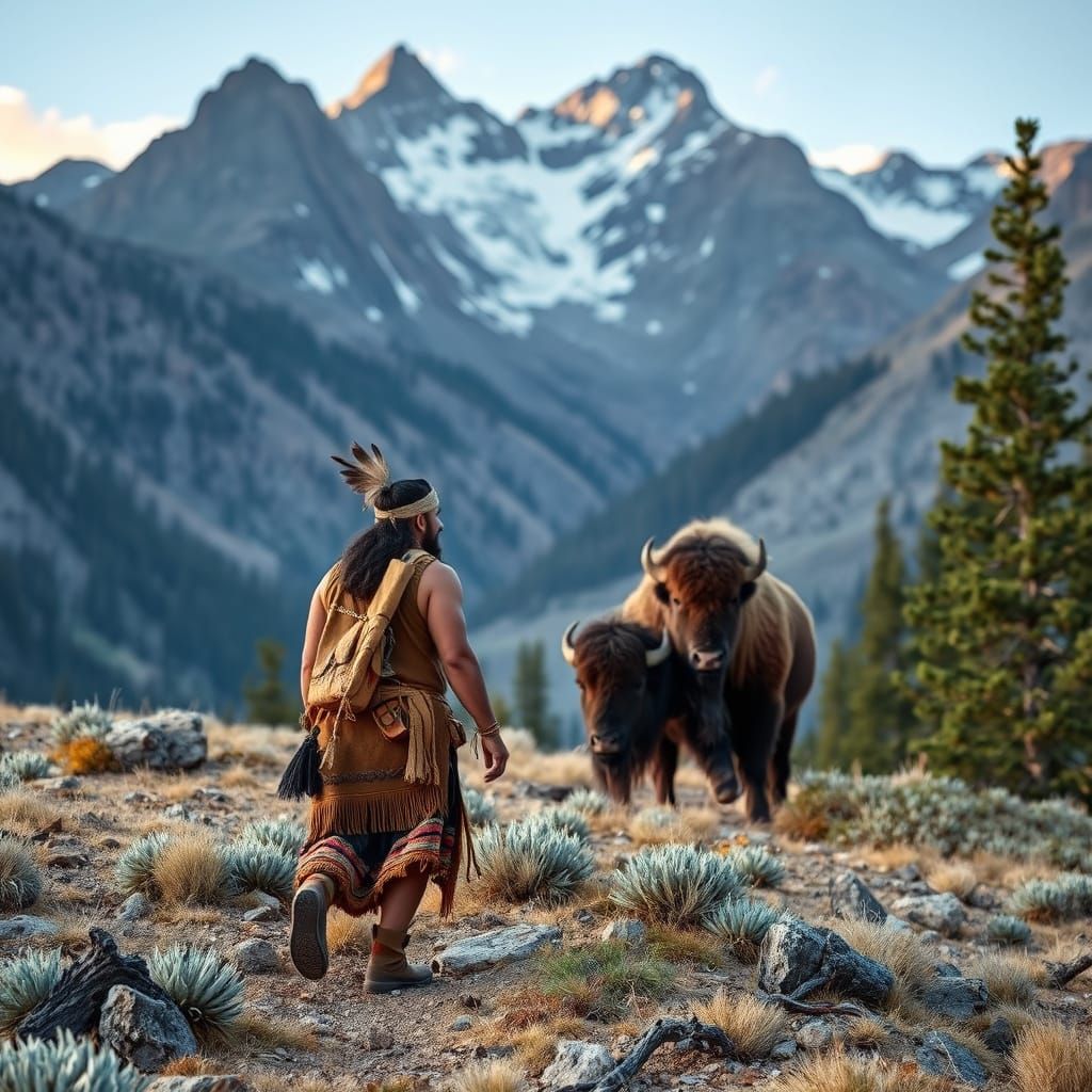 Native American Shaman and White Bison in Mountains