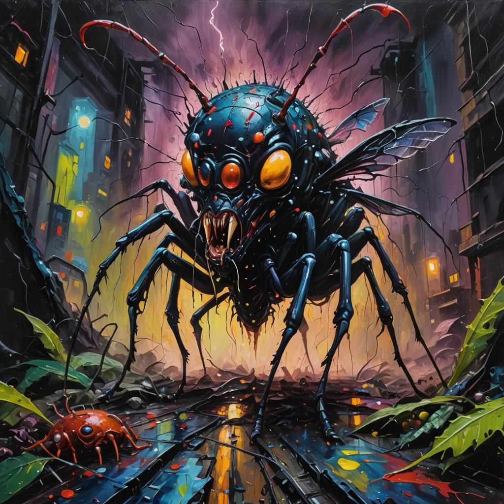 Alien Insects Devouring Human: Expressionist Impasto Oil Pai...