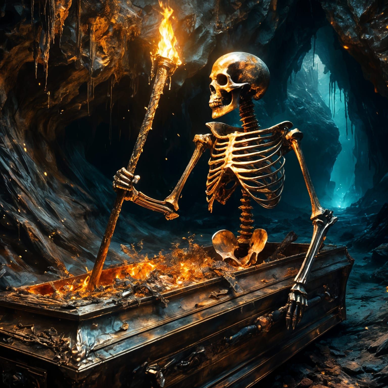 Flaming Skeleton Warrior in Cave: Impasto Painting