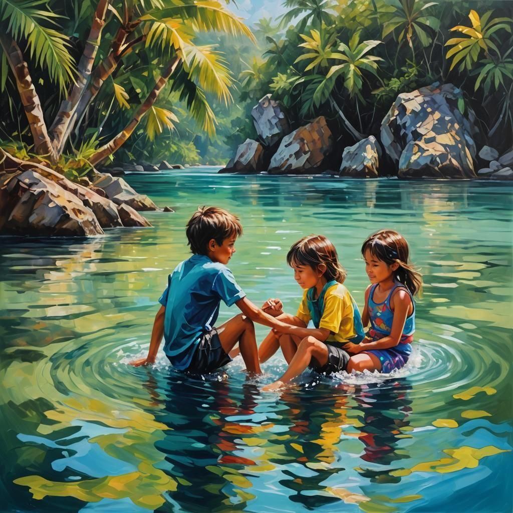 Children in Tropical Waters as Oil Painting