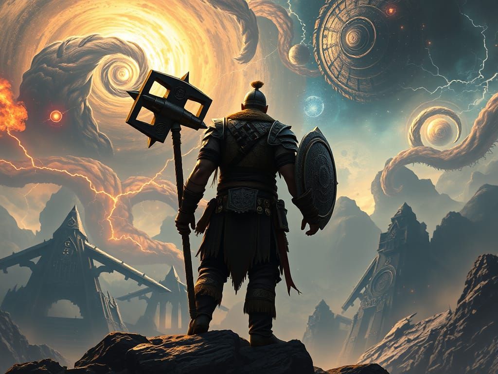 Barbarian Warrior Against Cosmic Horror Sky