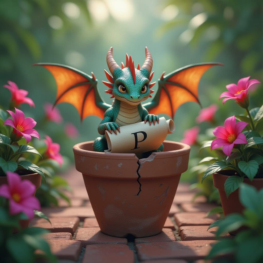 Tiny Dragon with Scroll in Pink Garden Matte Painting