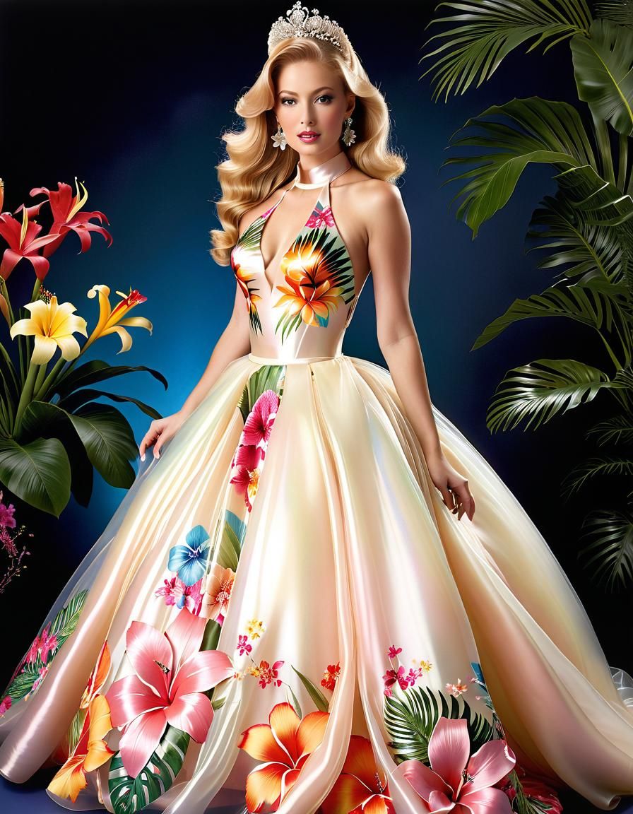 Woman in Shiny Floral Gown by Pool