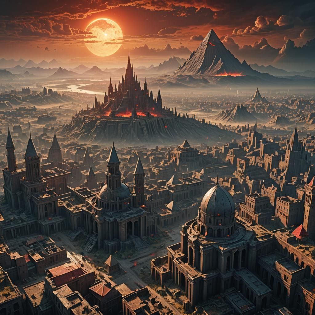 Post-Apocalyptic City with Red Giant Sun