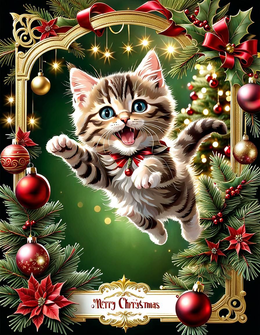 Kitten Chaos in a Christmas Tree: Victorian Card Art