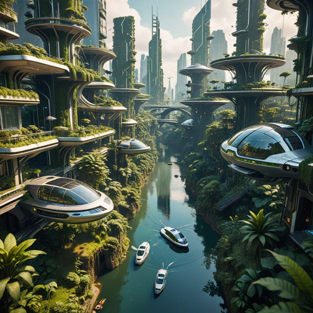 Solarpunk City with Lush Greenery and Flying Cars