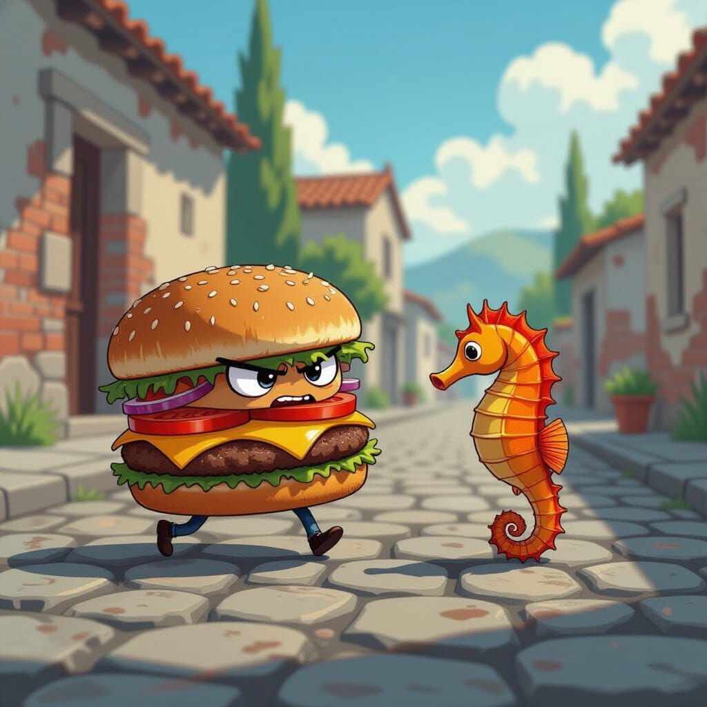 Hamburger Chases Seahorse in Ancient Pompeii, Alcohol Ink St...