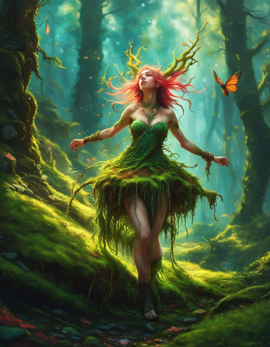 Laughing Forest Nymph Portrait in Detailed Fantasy Art