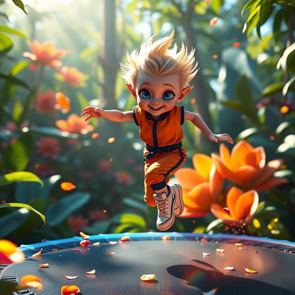 Joyful Alien Boy Bounding in a Glowing Garden