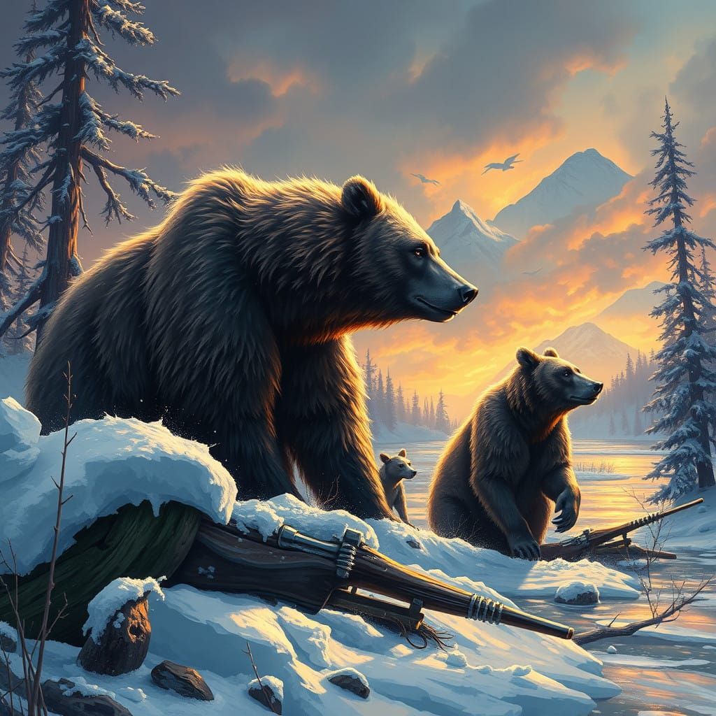 Hyperrealistic Bear Scene in Alaskan Winter Wonderland