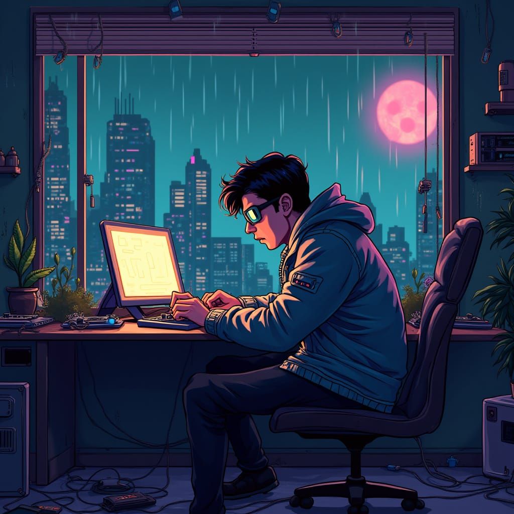 Retro Cyberpunk Hacker in Neon Cityscape Pixel Art