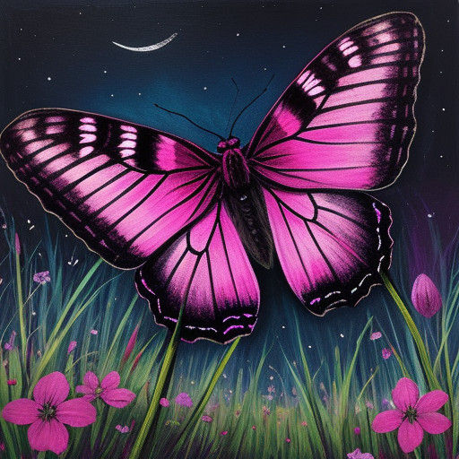 Magenta Moth Under a Dreamy Moonlit Meadow