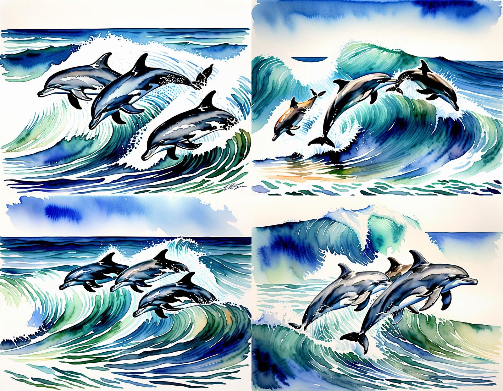 Bottlenose Dolphins Playing in Waves, Watercolor Style
