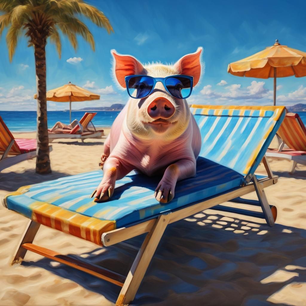 Pig Sunbathing on Beach as Oil Painting