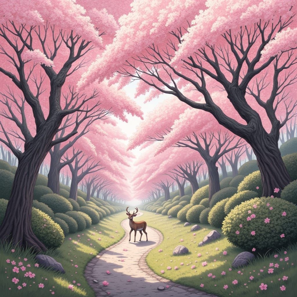 Sika Deer Amidst Cherry Blossoms in Japanese Style
