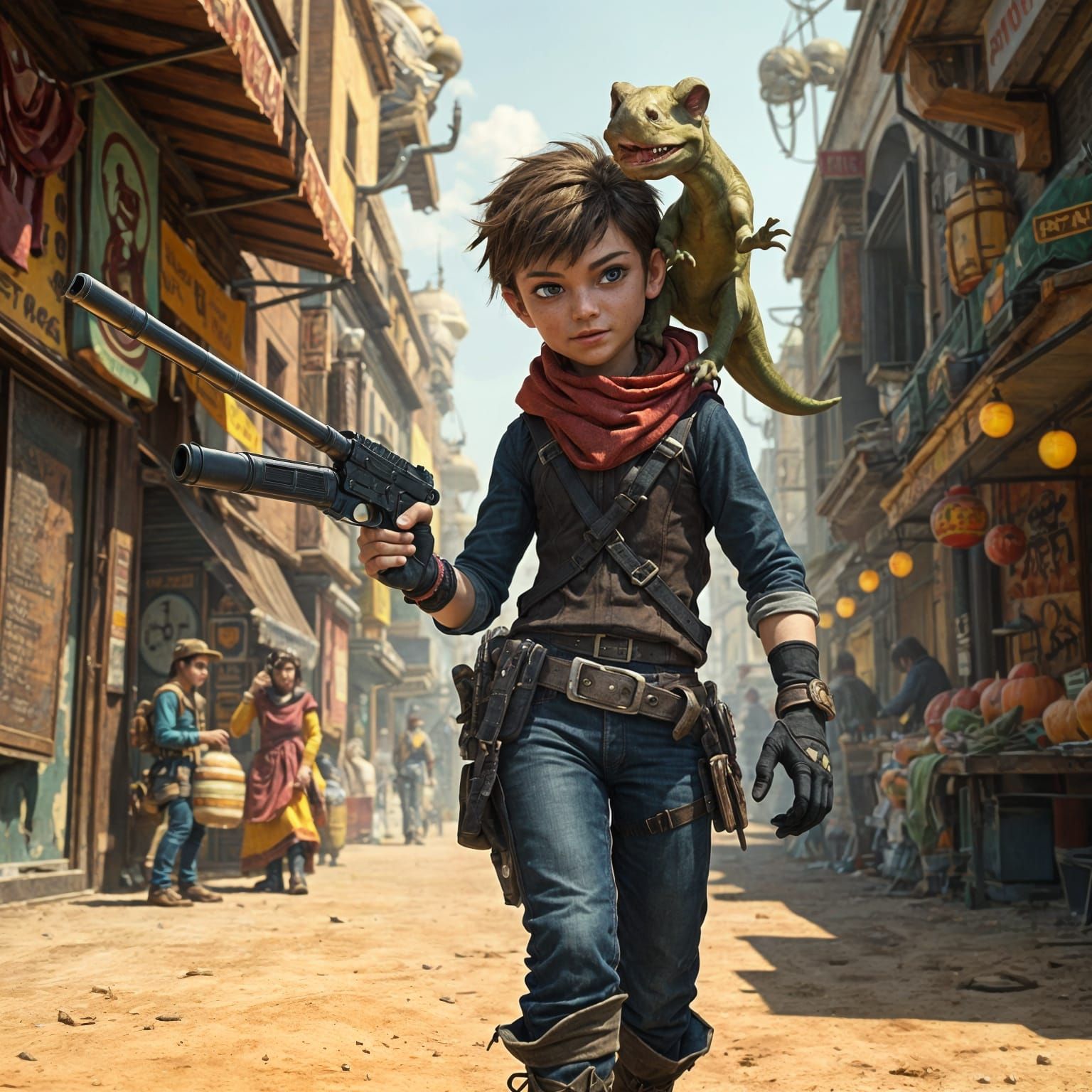 Teen Rogue Gunslinger with Dinosaur in Alien Bazaar
