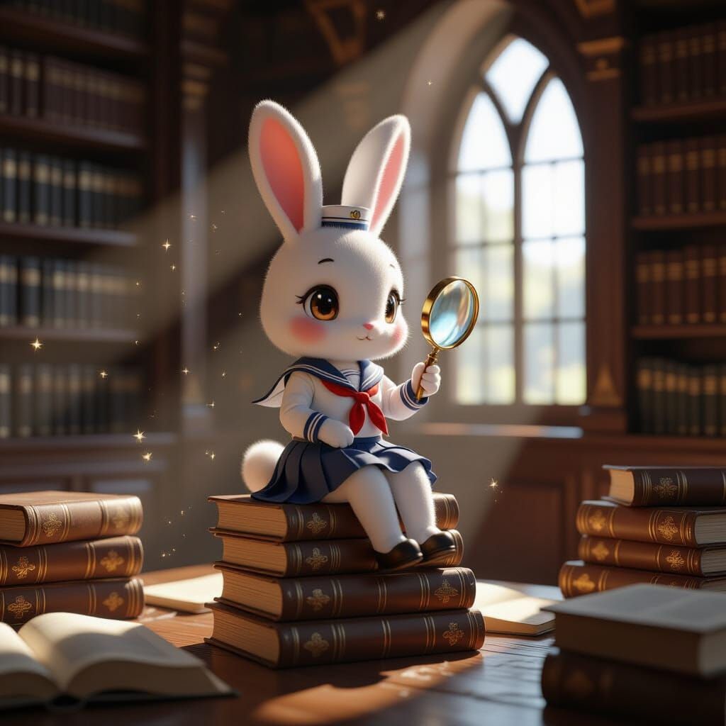 Kawaii Rabbit Scholar in Dusty Library
