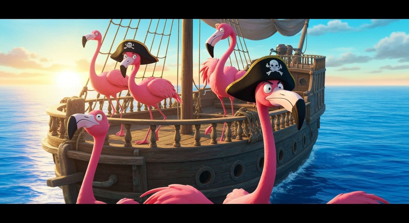 Flamingo Pirates on a Swashbuckling Ship in Ghibli Style