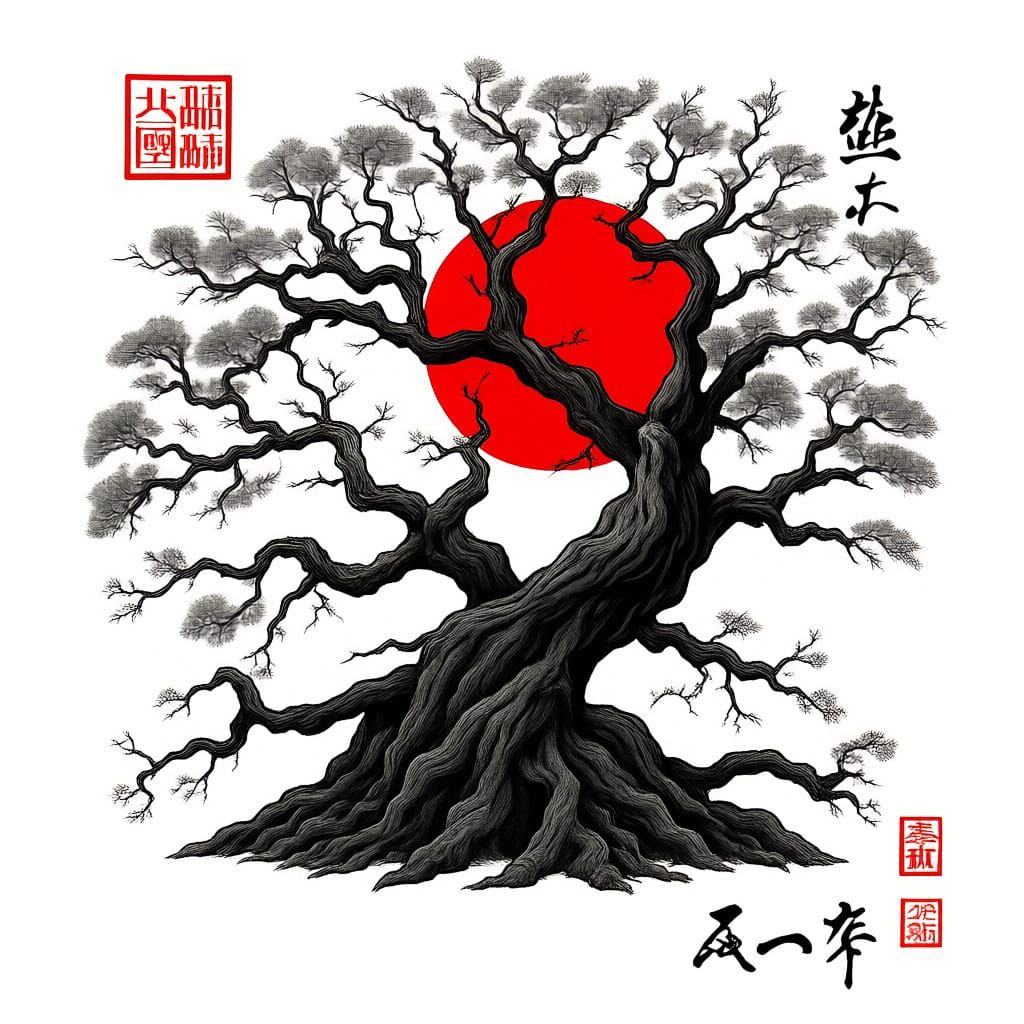 Manga Style Ancient Tree with Red Sun Illustration