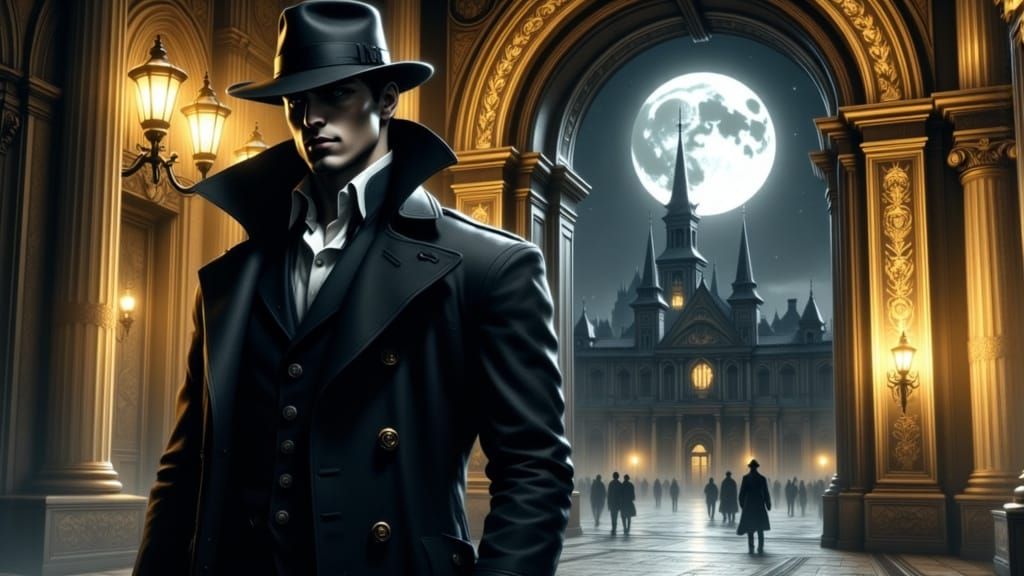 Muscular Man in Trench Coat at Gothic Palace