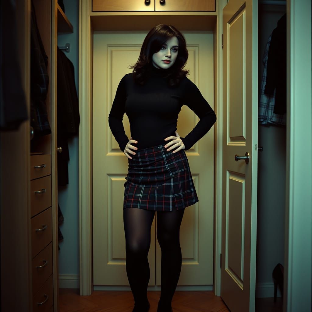 Voluptuous Dark-Haired Woman in Chic High-Fashion Outfit