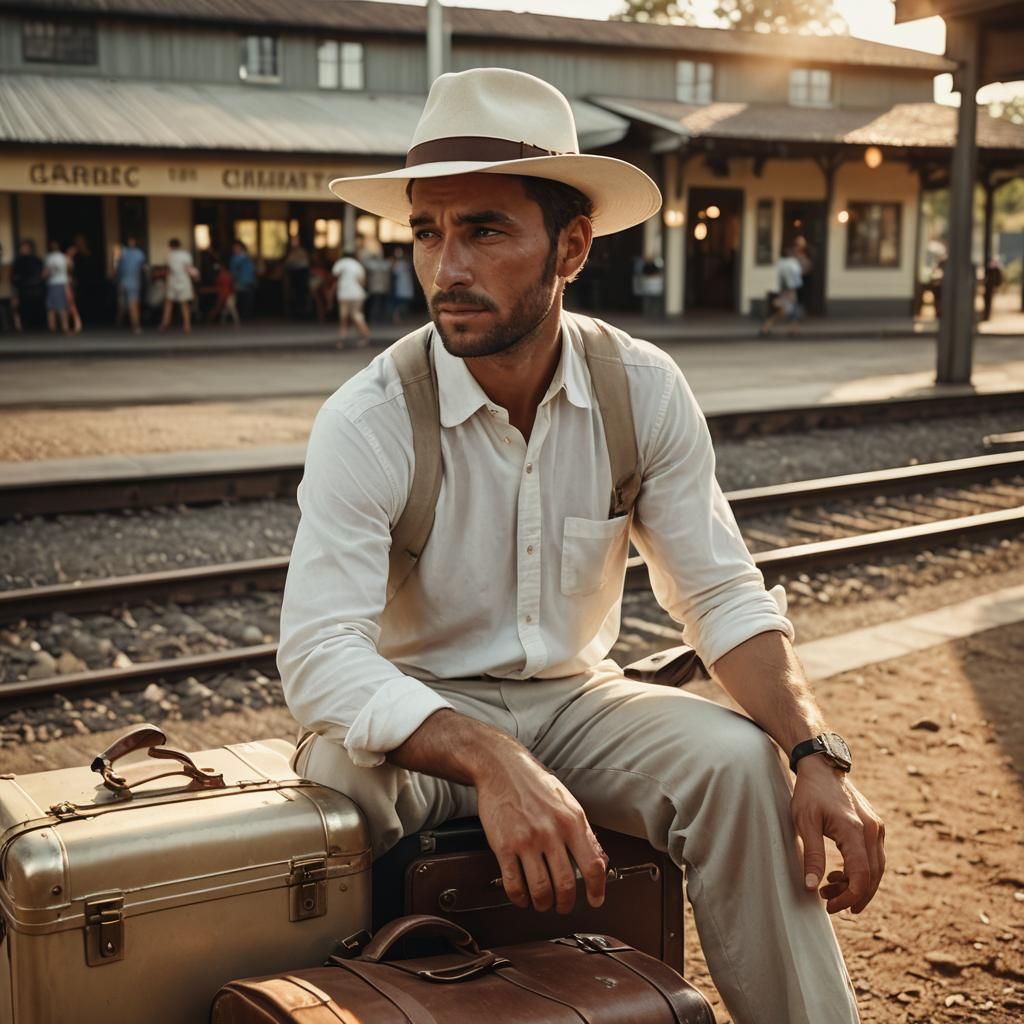 Man in Panama Hat at Train Station
