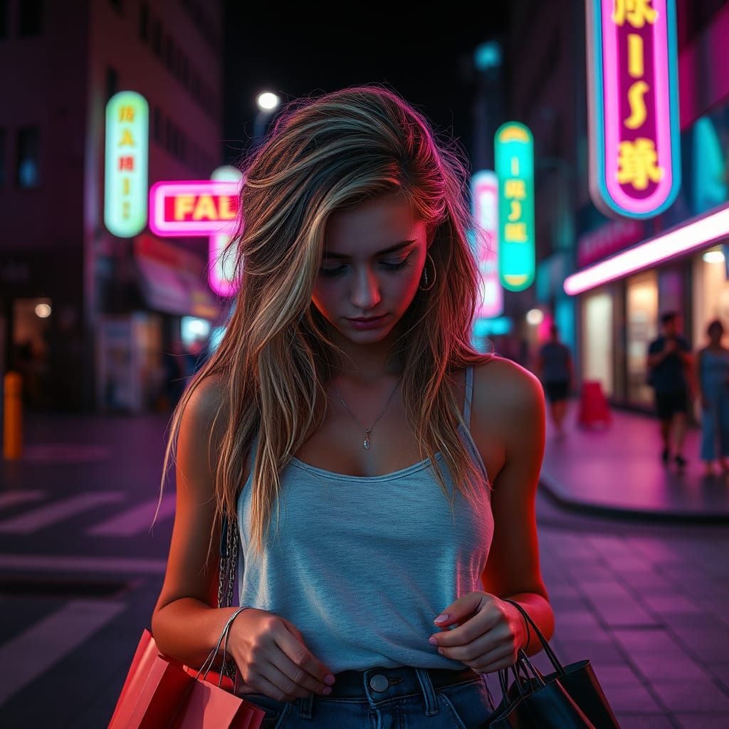 Woman Walks Alone at Dusk in Synthwave Neon