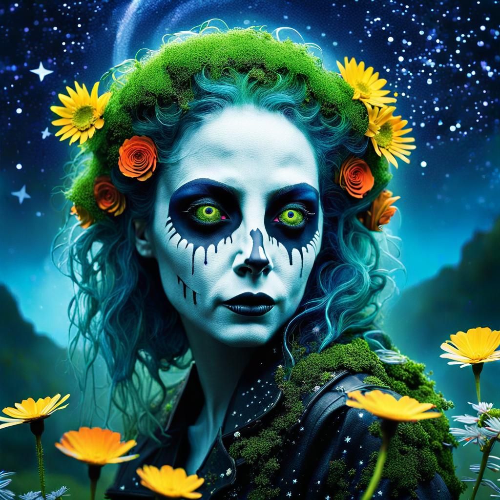 Psychedelic Rainbow-Haired Woman with Whiskey, Surreal Art