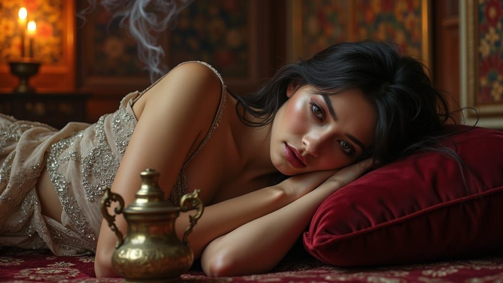 Oriental Woman in Opulent Harem Chamber