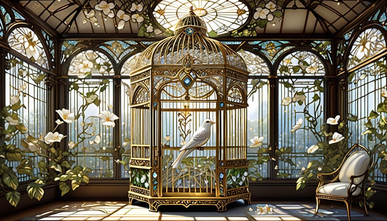 Ornate Art Deco Bird Cage with Golden Filigree and Pearls