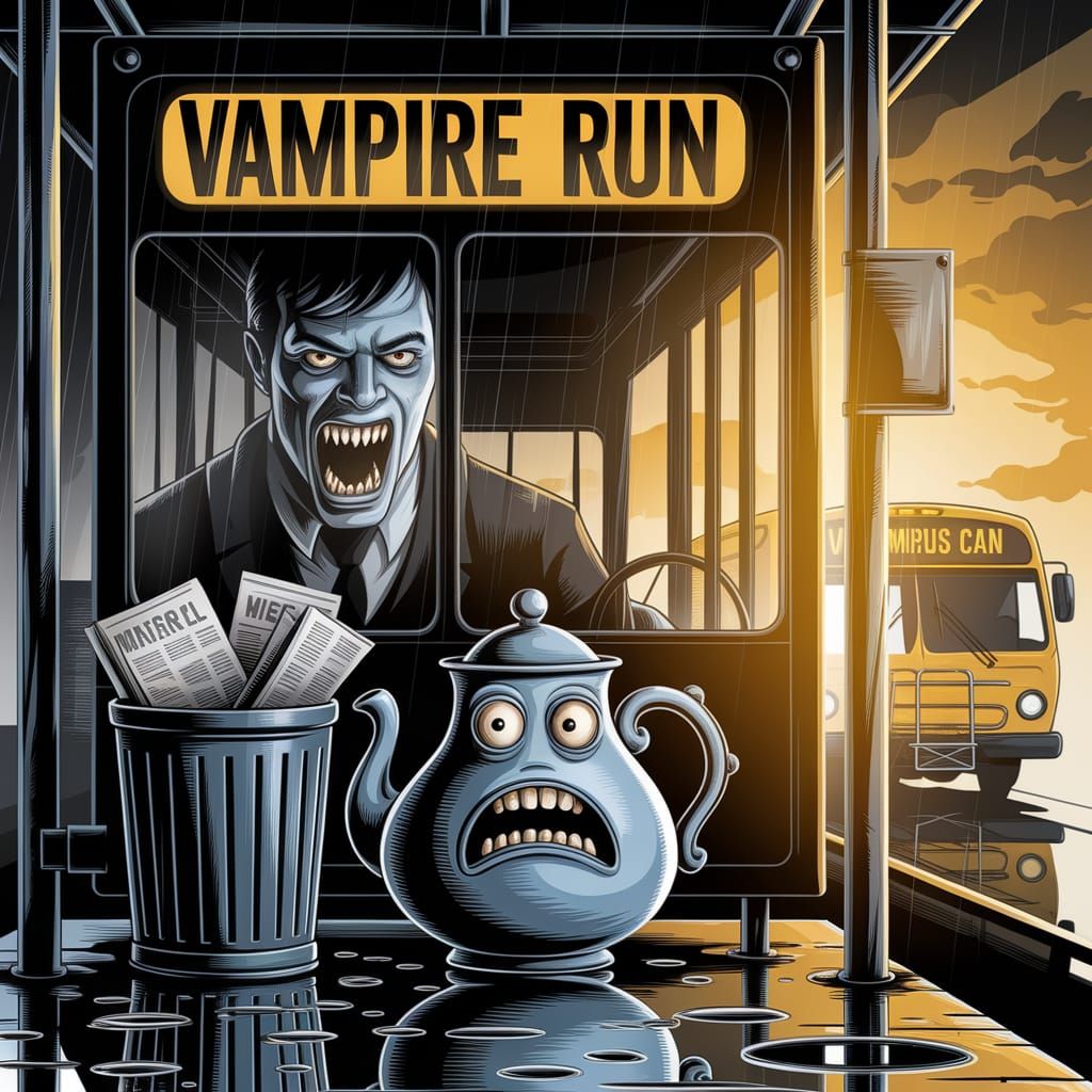 Terrified Teapot Awaits Vampire Bus: Darkly Lit Scene