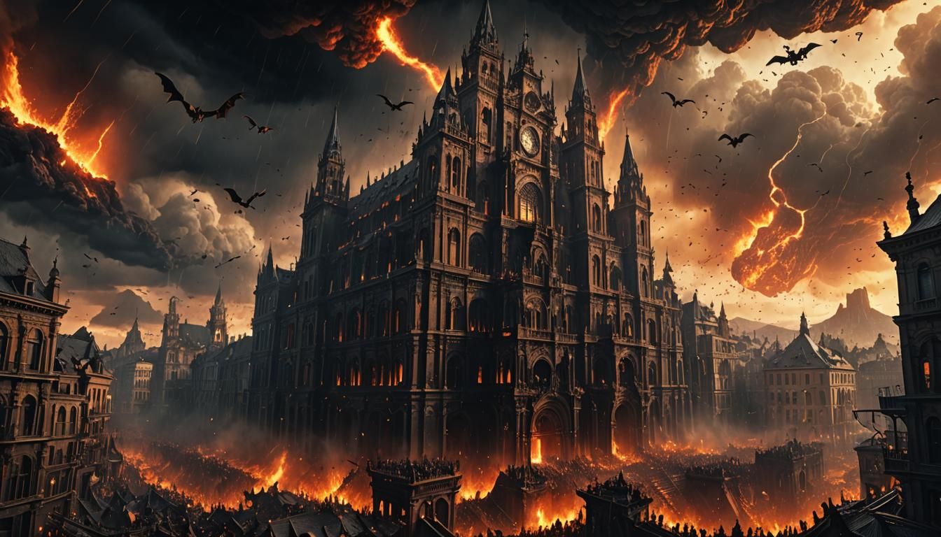 Infernal Gothic Cityscape with Demons in Flight