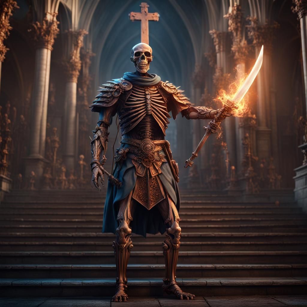 Copper Man Battles Skeletons at Church Entrance