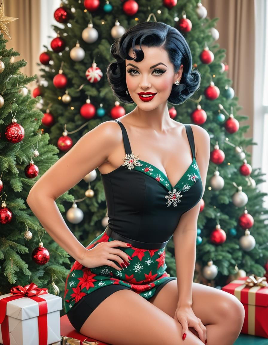 Vintage-Inspired Holiday Pin-Up Girl Adorned by a Festive Ch...