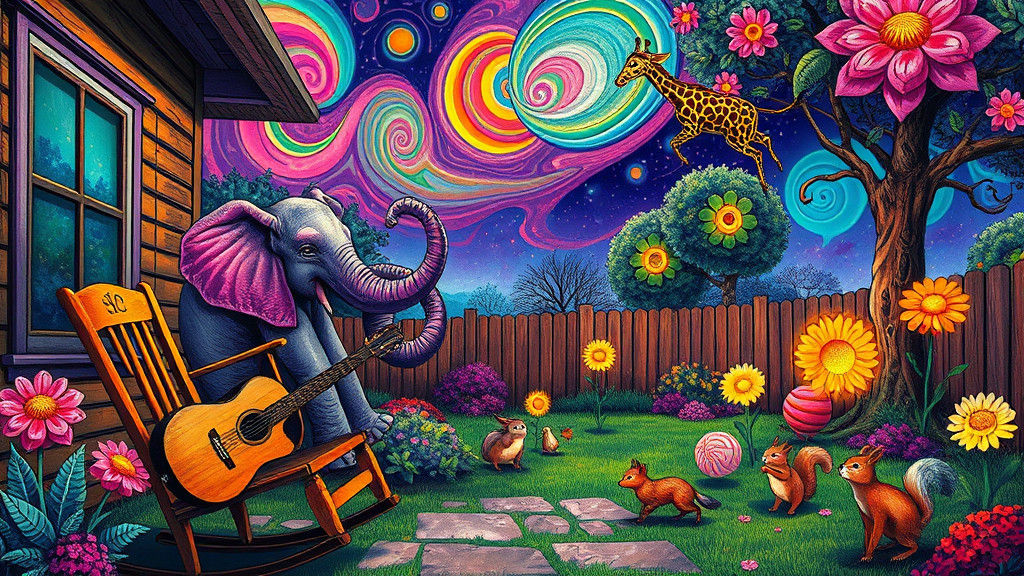 Psychedelic Backyard Dreamscape with Dancing Elephant