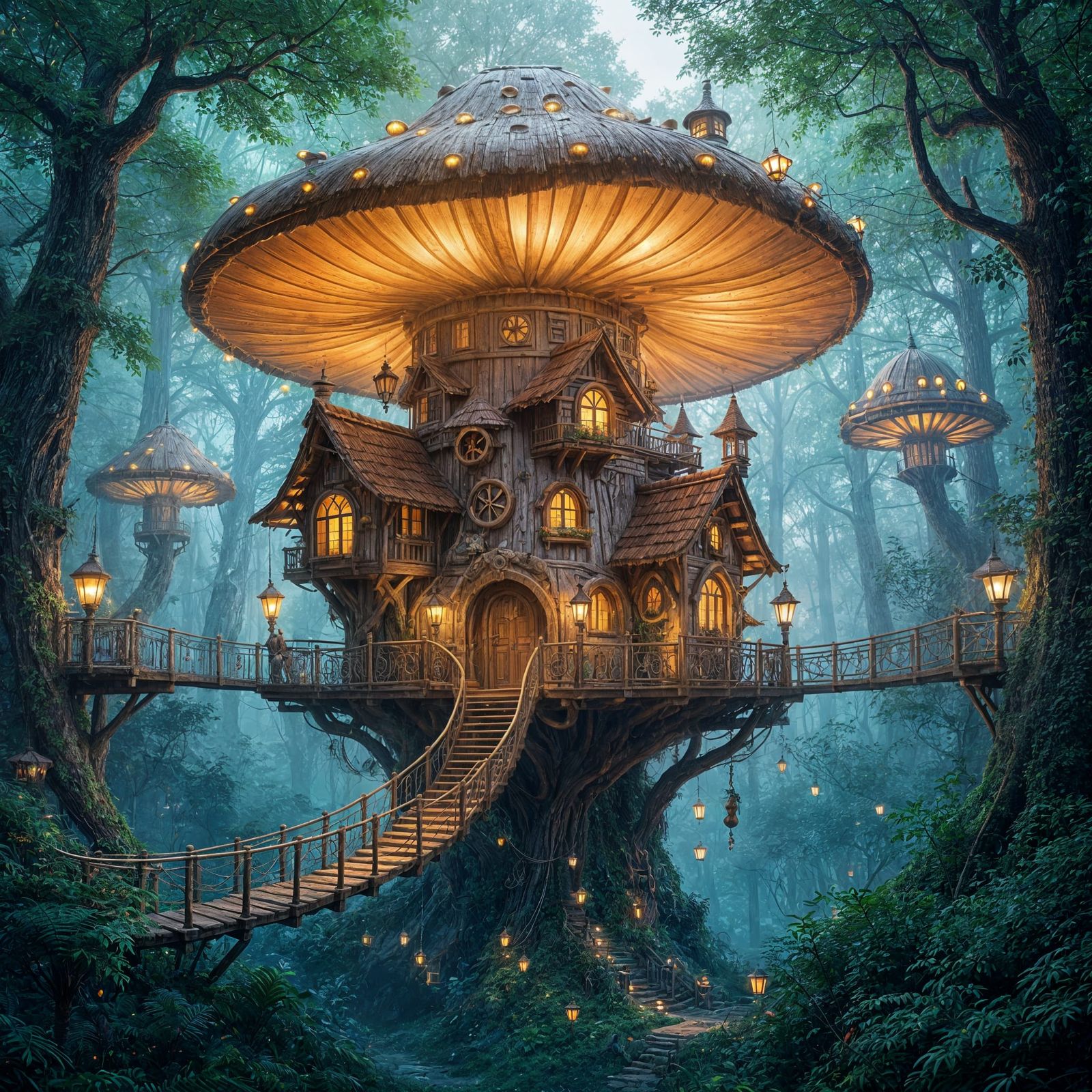 Whimsical Treehouse Village in Luminous Mushroom Forest
